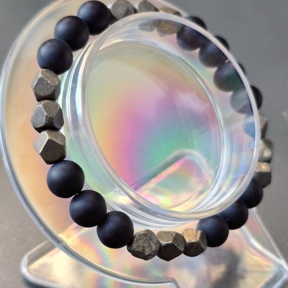 Handmade ✦ Raw Pyrite & Black Agate Bracelet ✦ 8mm Gemstone Beads Stretch Fit - Picture 6 of 8